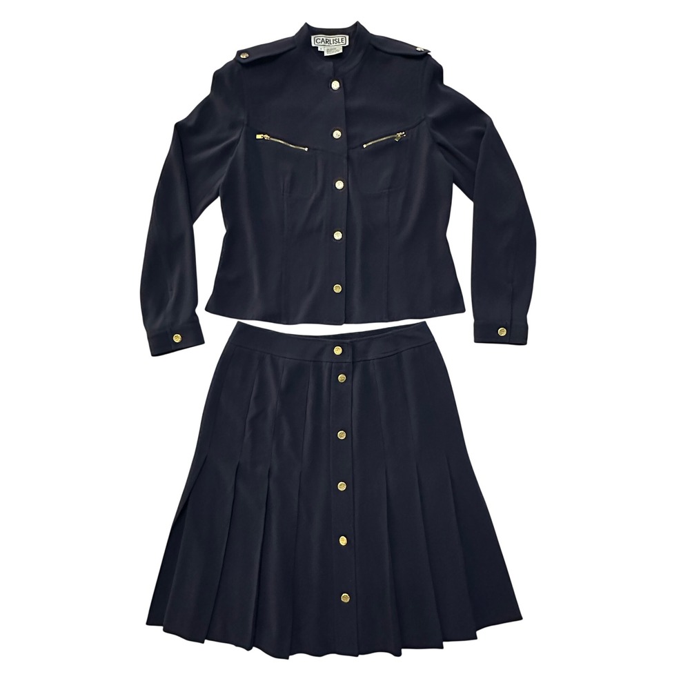 Vintage Carlisle Military Skirt Suit Set Sz 8 Navy Gold Pleasted Preppy Academia